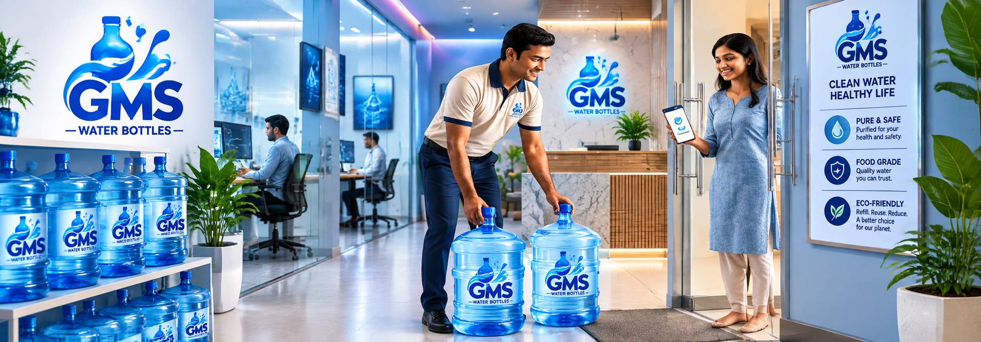 GMS Water Bottles delivery of 19 liter water bottles to an office
