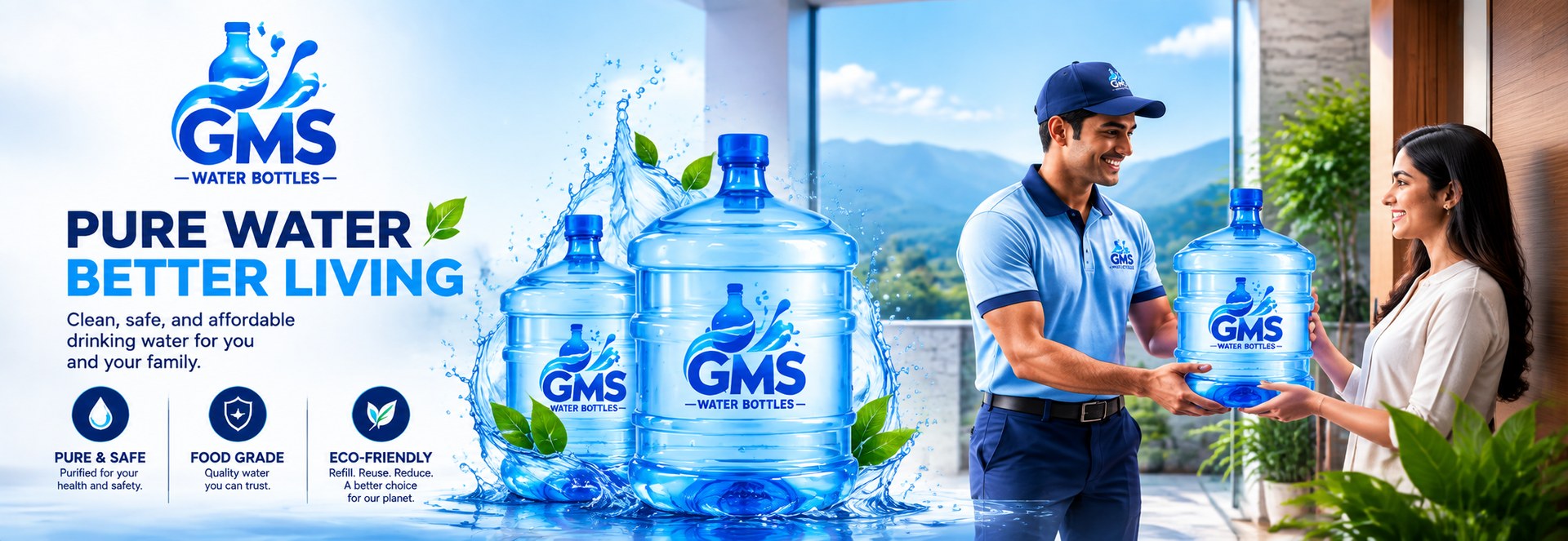 GMS Water Bottles Pure Water Better Living banner with 19 liter water bottles