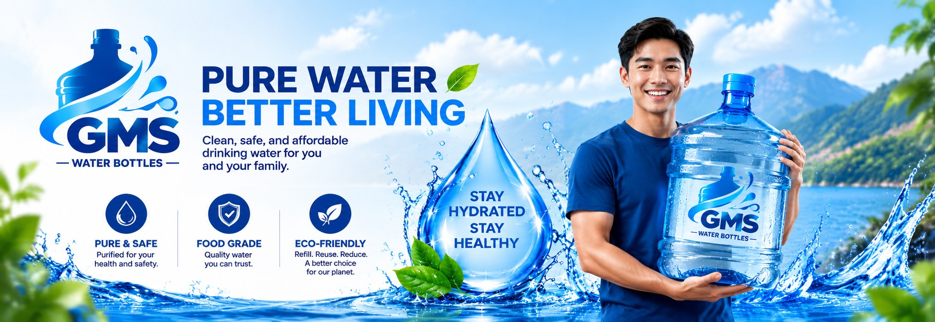 GMS Water Bottles Pure Water Better Living banner with 19 liter water bottle